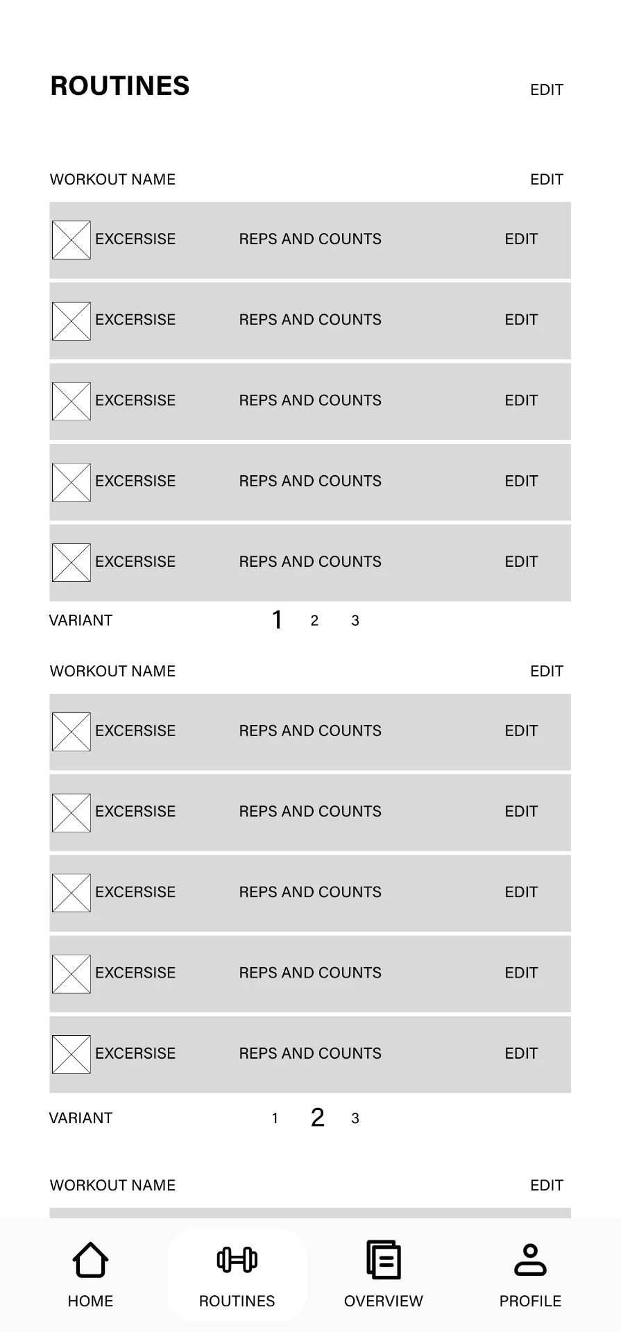 Low-fidelity wireframe of the Chalk routines screen with editable weekly workout templates