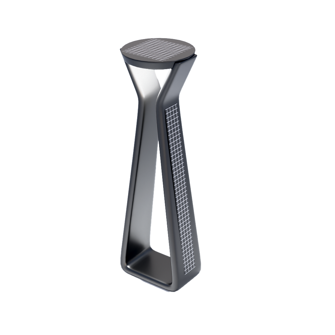 3D massing study — open triangular frame with vertical solar array