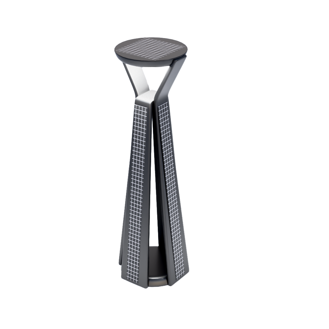 3D massing study — tapered dual-facet tower with integrated panels
