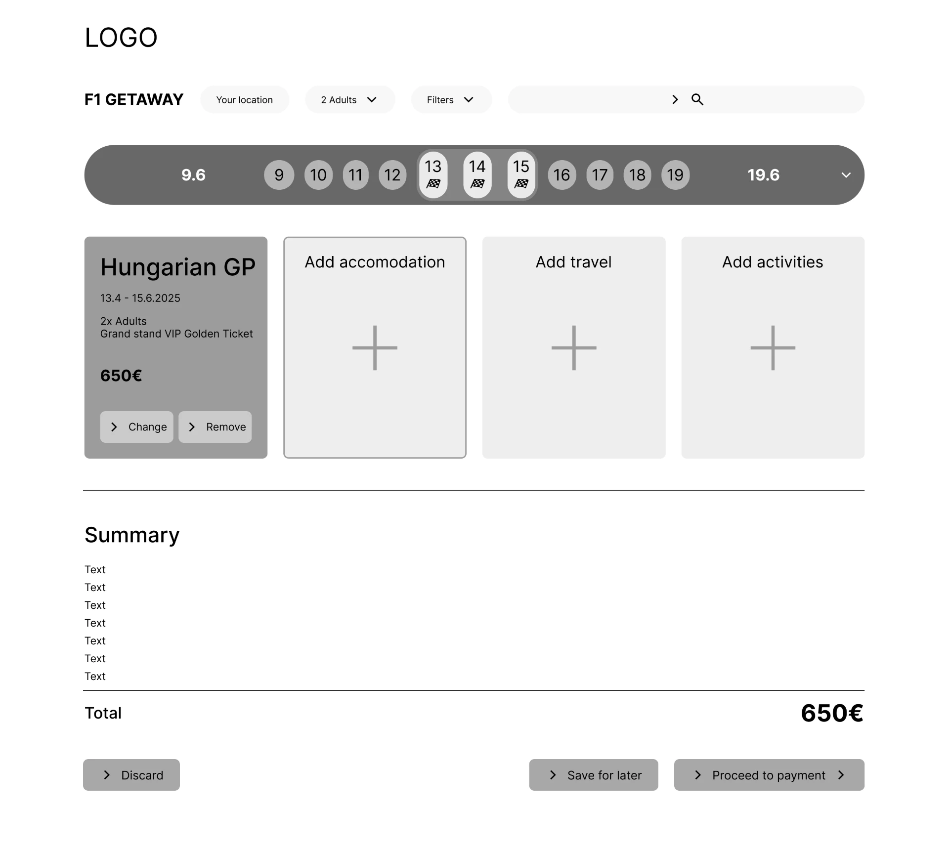 High-fidelity wireframe of the summary step with module cards and total price