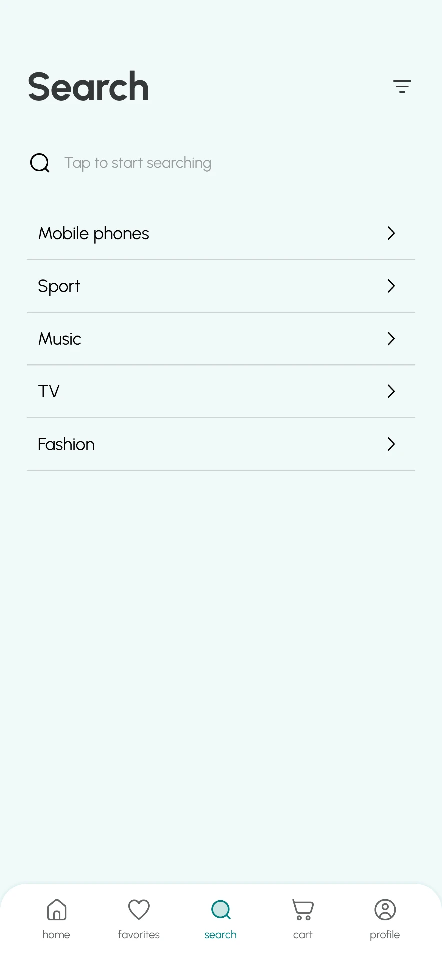 SHOOPLE search and filters screen with category discovery