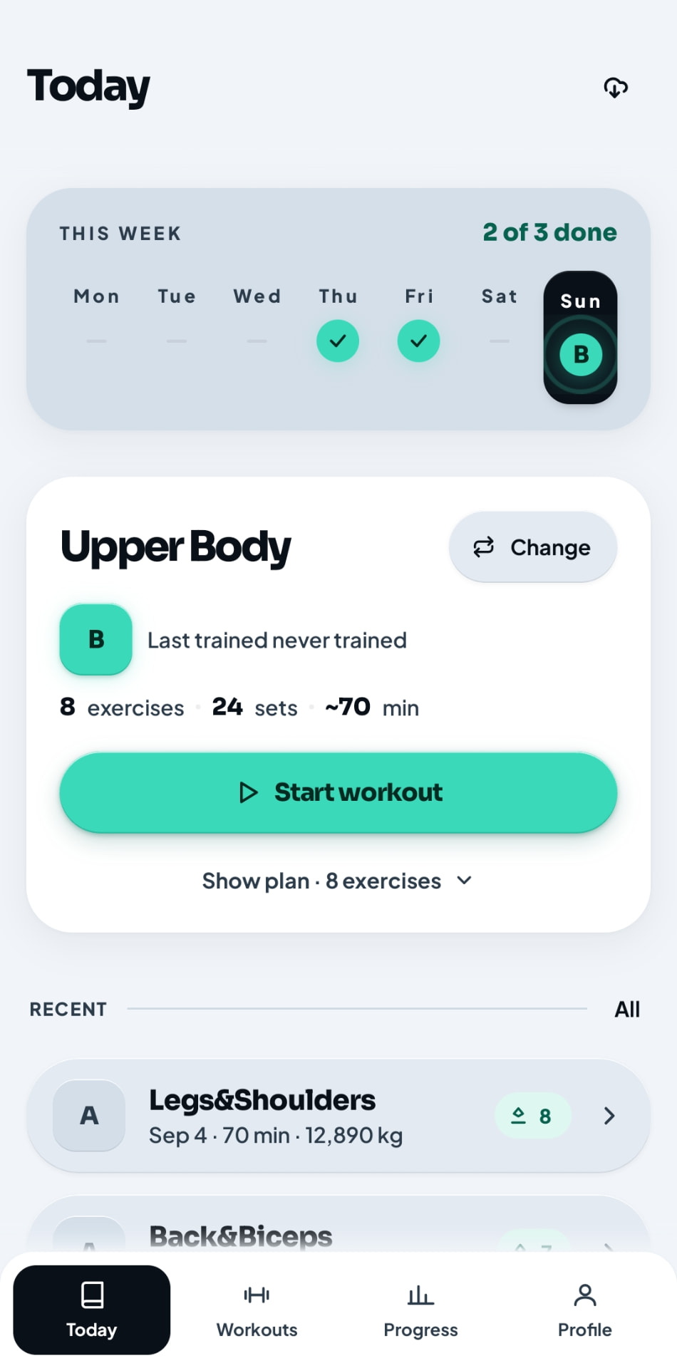 Chalk light mode Today screen showing weekly progress and the next workout