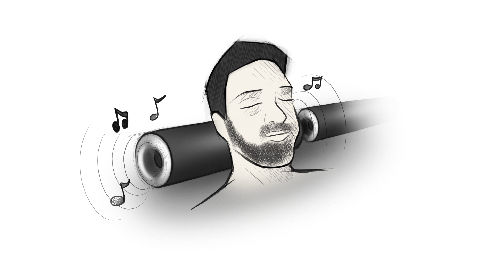 Sketch of a person listening to headrest speakers with music notes