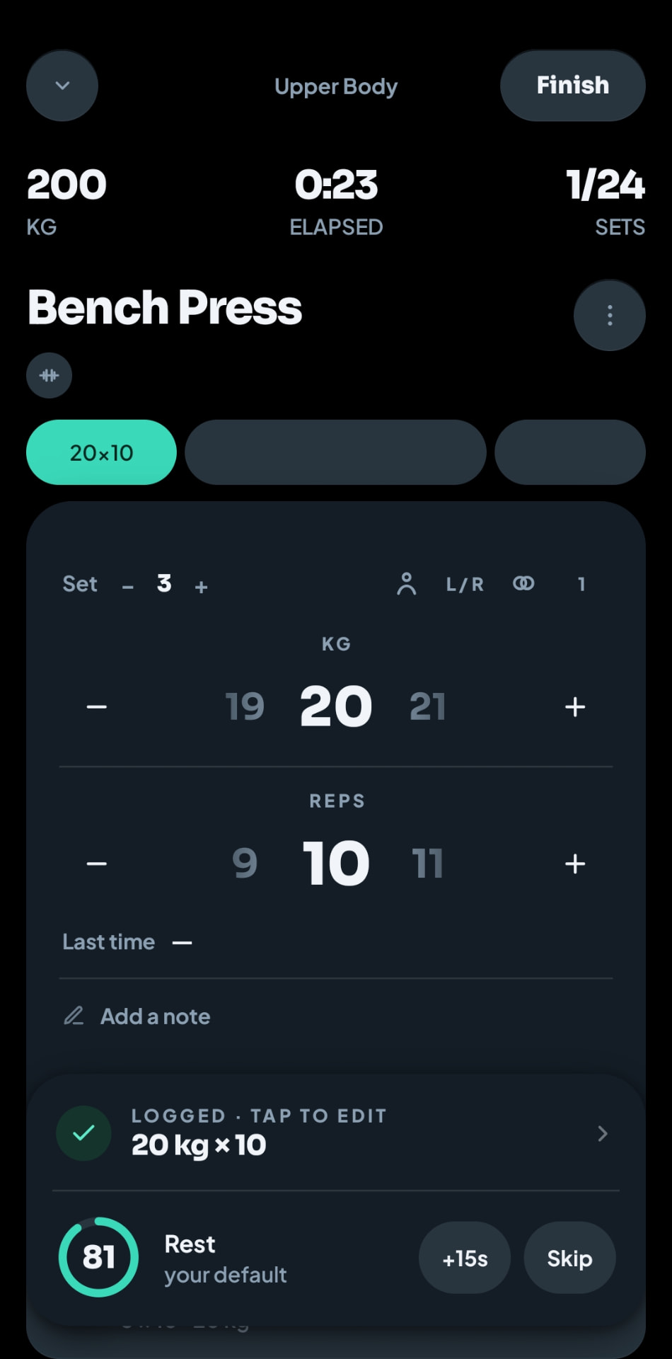 Chalk dark mode logged set screen showing a new record and rest timer