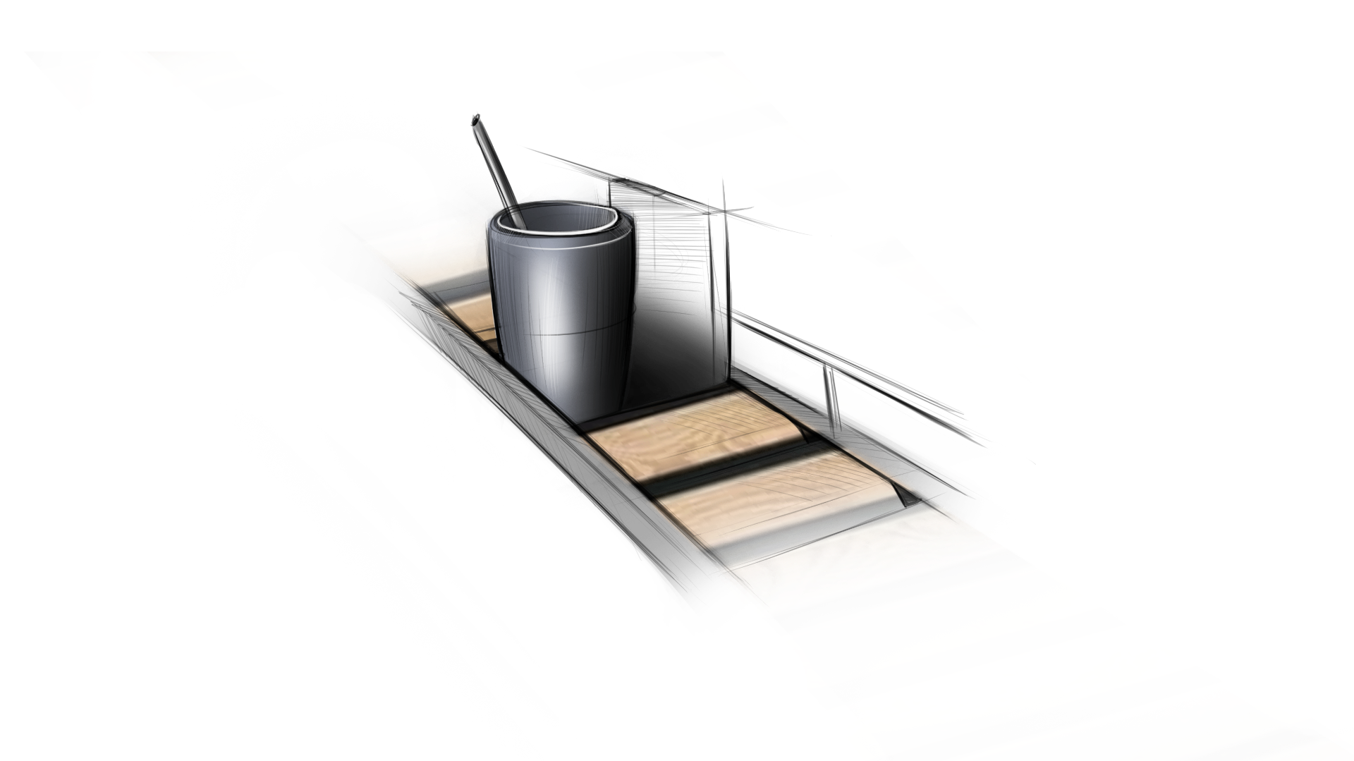 Sketch of an integrated cupholder set into the wooden deck