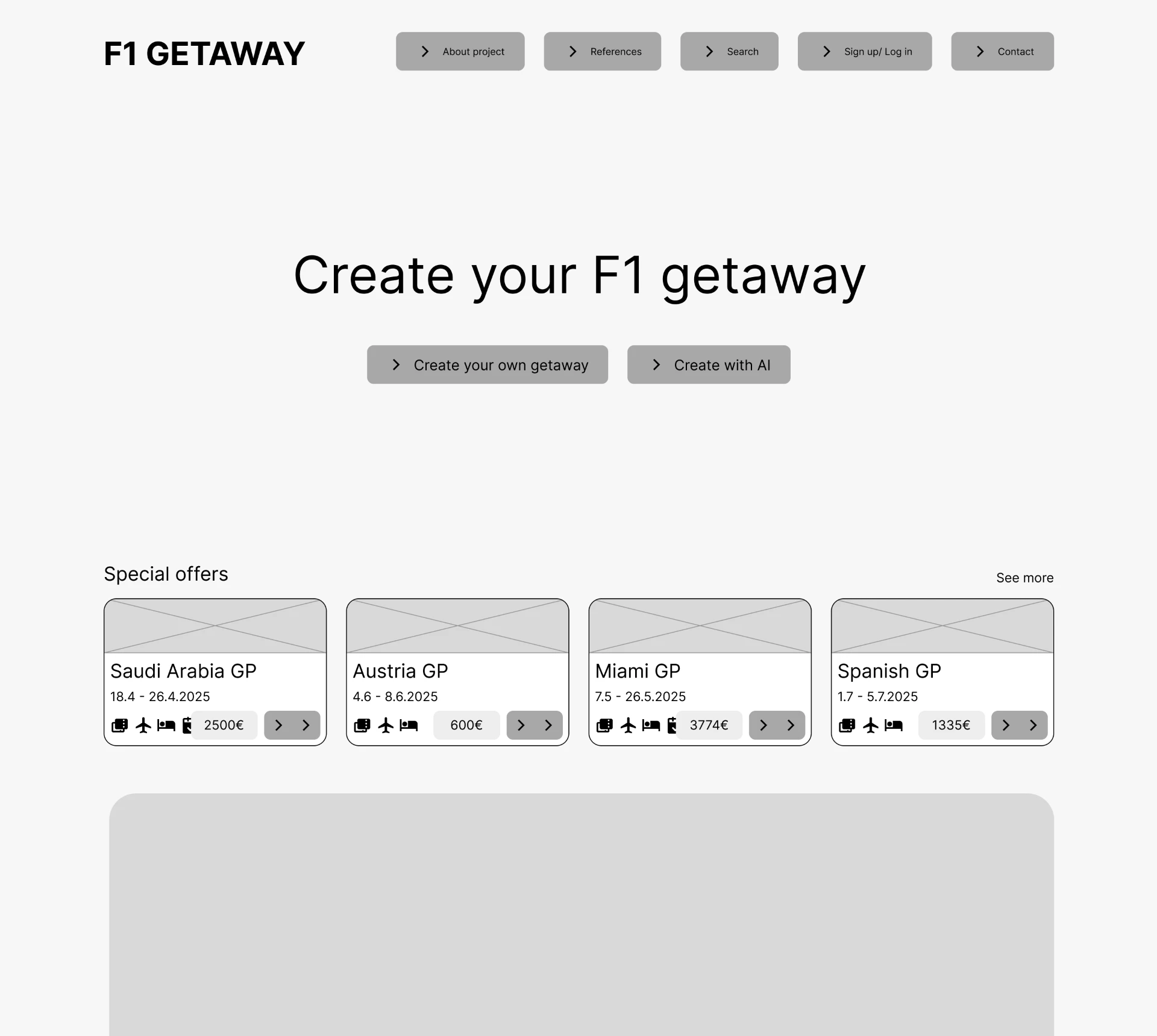 High-fidelity wireframe of the F1 Getaway homepage with hero headline and special offers