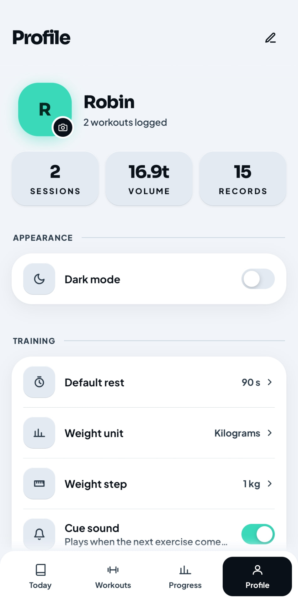 Chalk light mode Profile screen with appearance and training settings