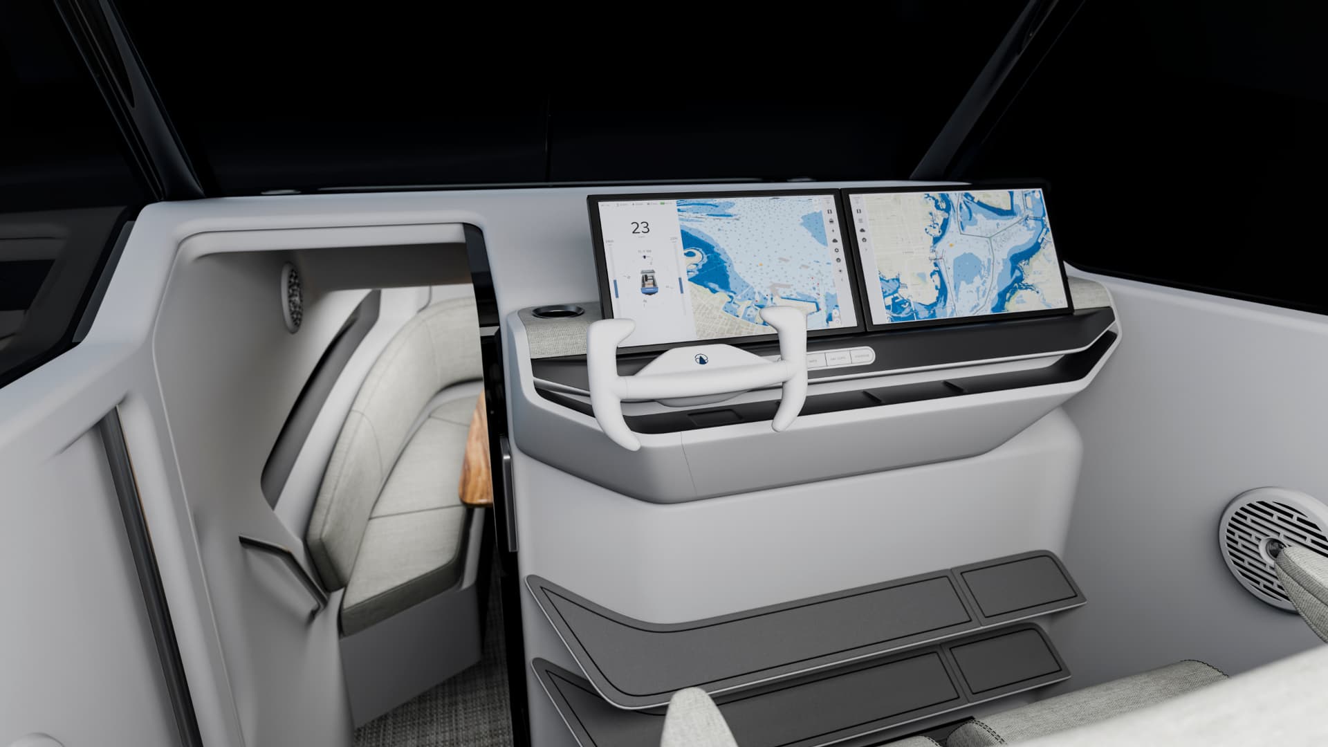 R30 helm cockpit with dual glass displays and custom steering yoke