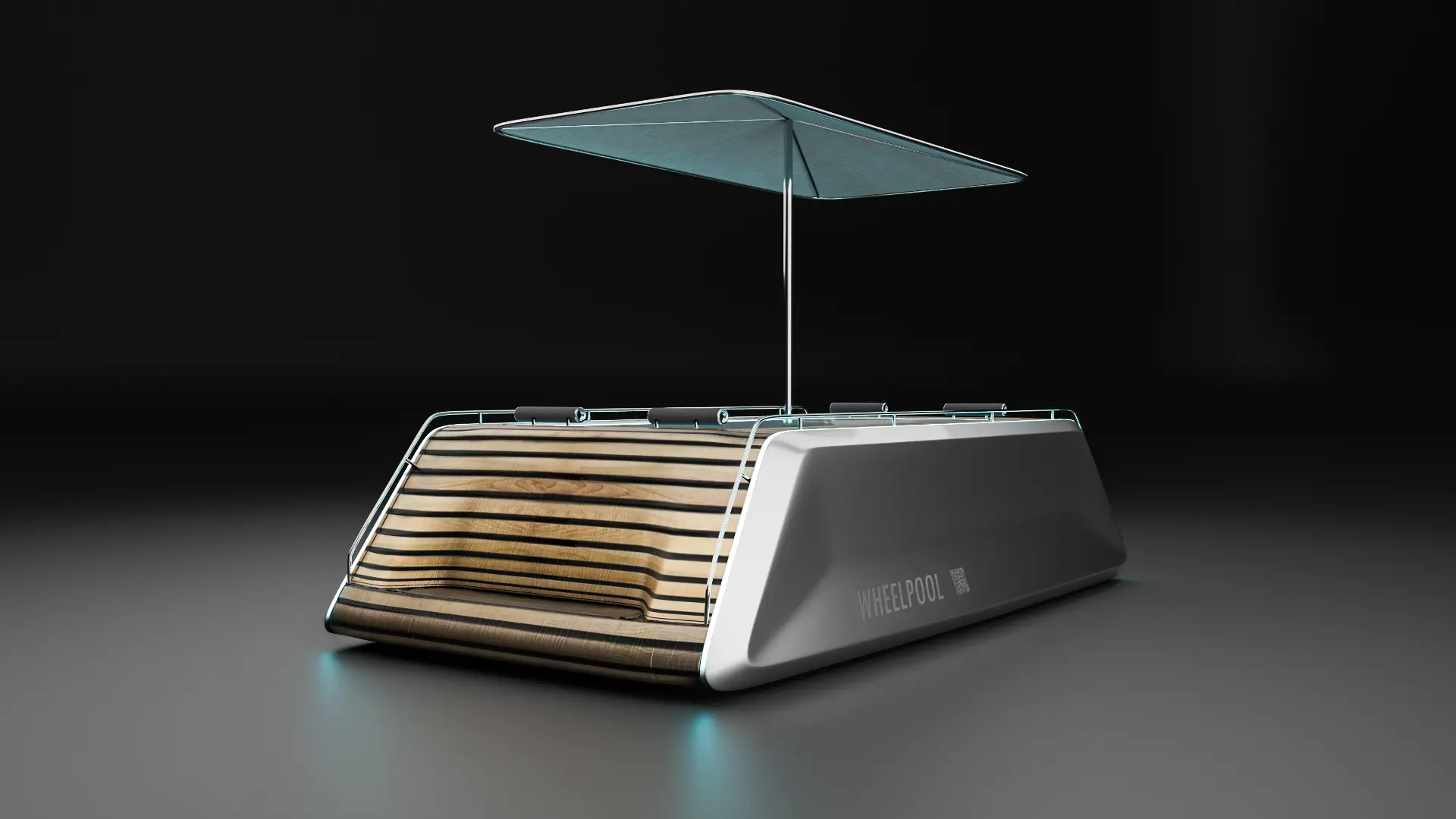 Angled studio render of the Whirlpool Yacht showing wood lamella deck and WHIRLPOOL branding