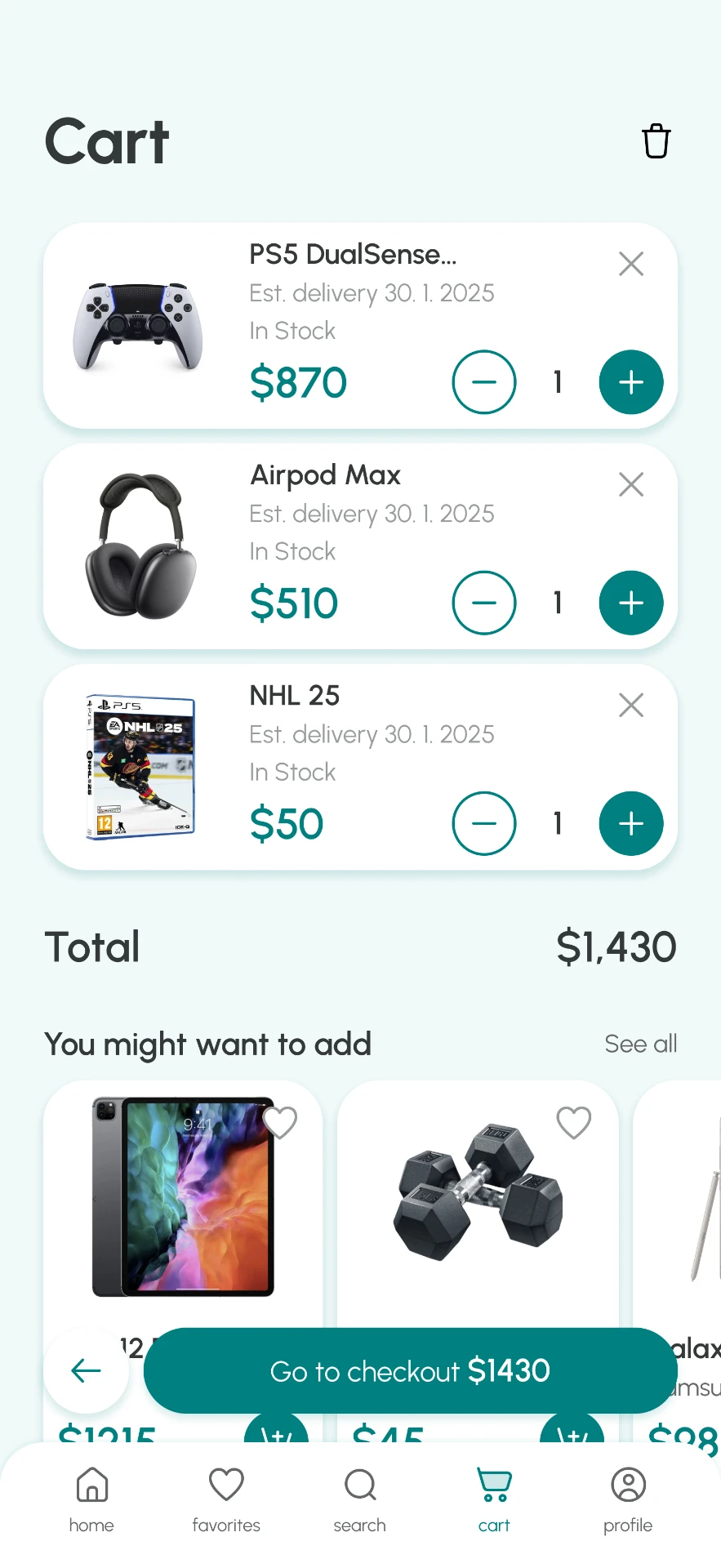 SHOOPLE cart and checkout screen with multi-item order summary