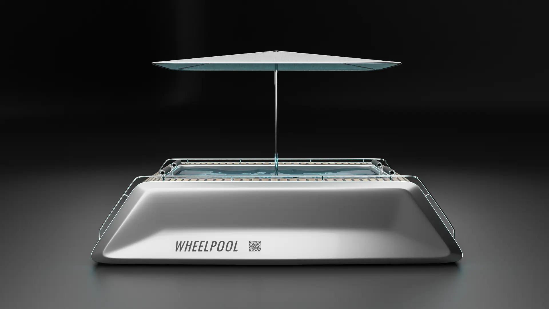 Front studio render of the Whirlpool Yacht with shade canopy deployed over the spa