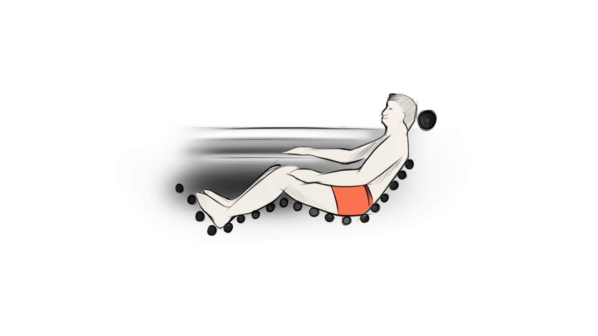 Sketch of a person reclining on submerged ergonomic massage rollers