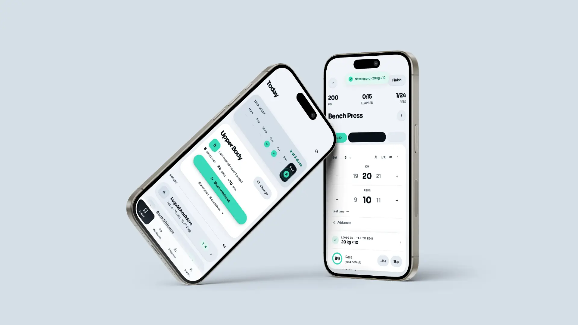 Chalk workout tracker on iPhone — Today and active set screens