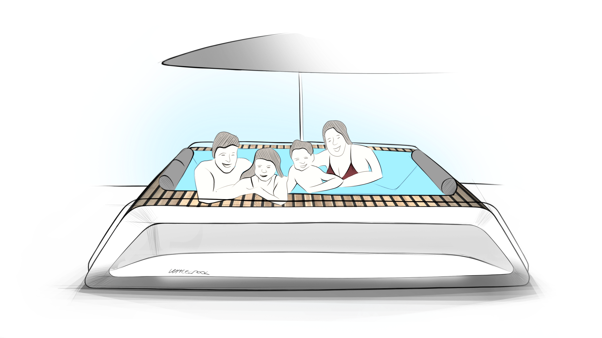 Family together in the Whirlpool Yacht pool under the shade