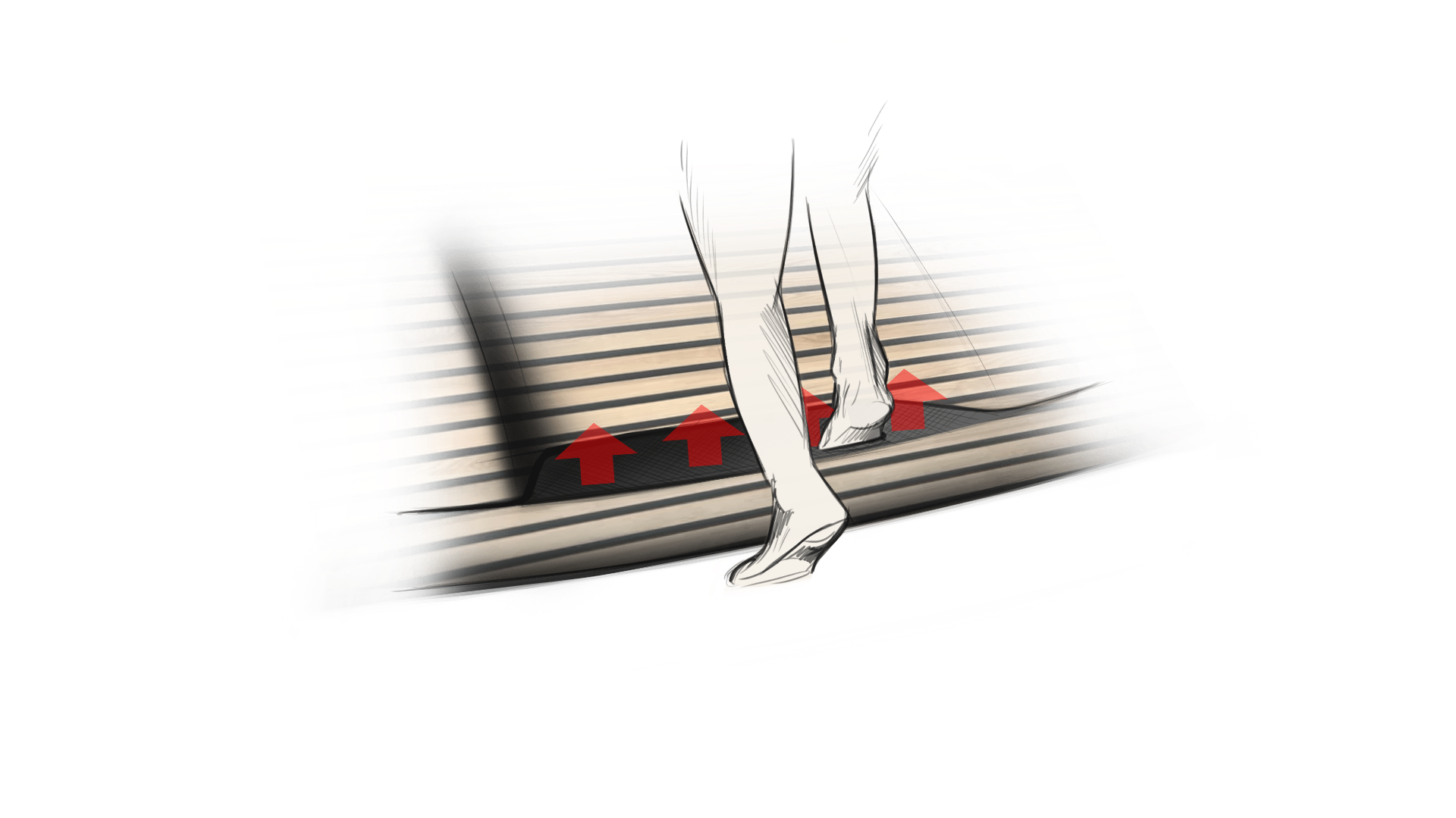 Sketch of bare feet on the heated boarding step with warm air arrows