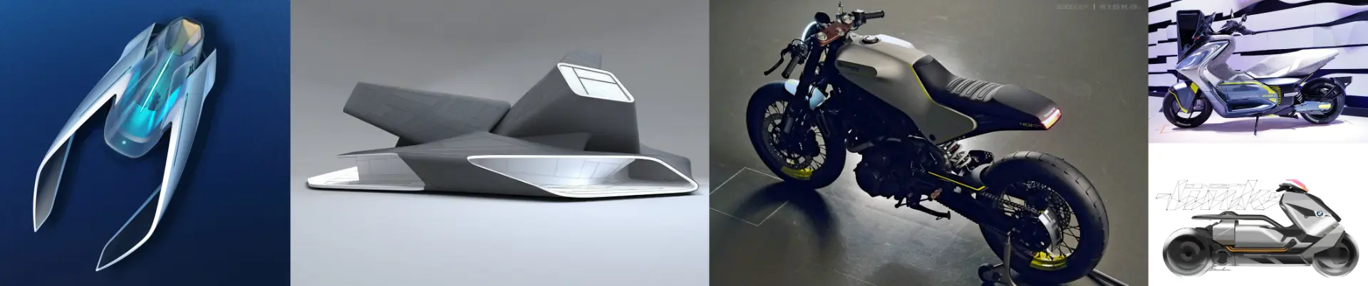 Moodboard collage of marine, parametric, motorcycle, scooter and EV sketch references