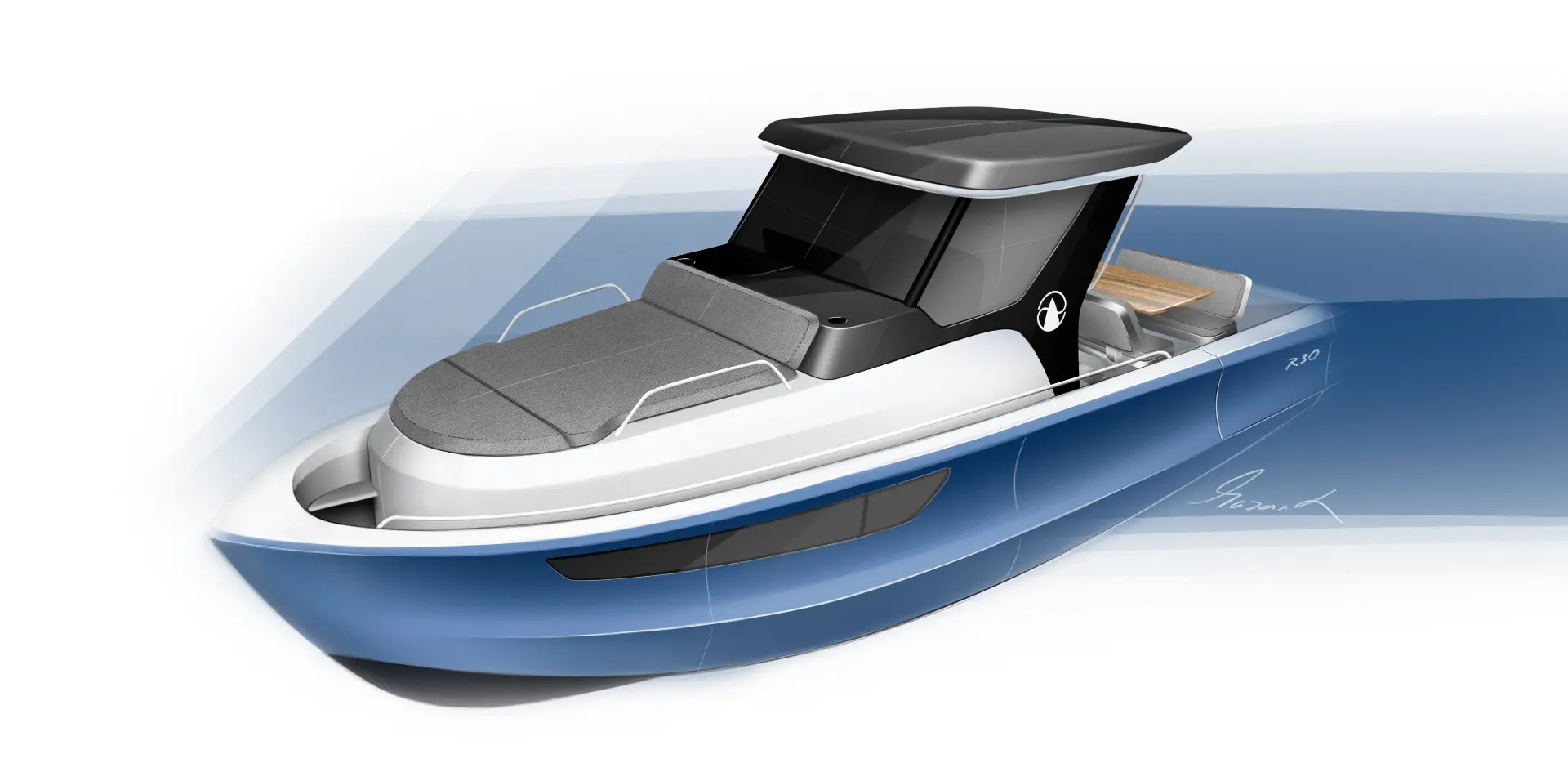 Digital concept sketch of the R30 electric boat