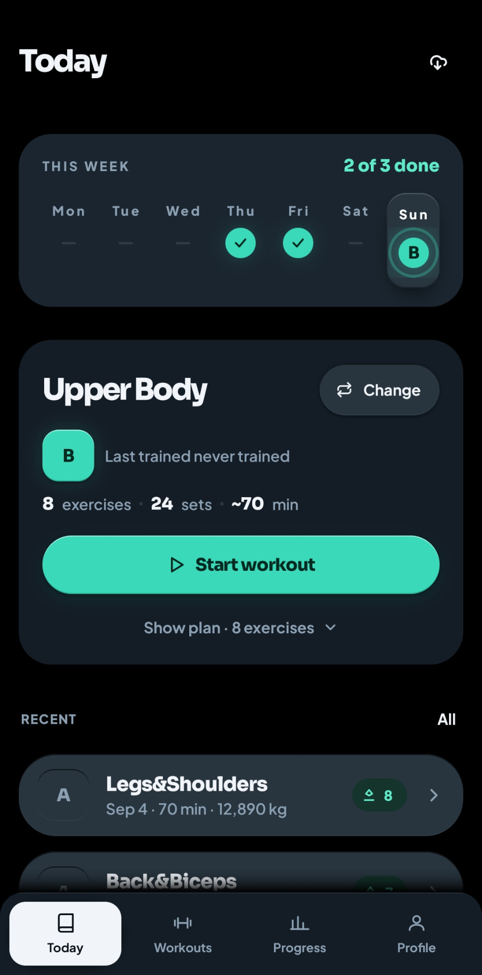 Chalk dark mode Today screen showing daily plan and recent workouts