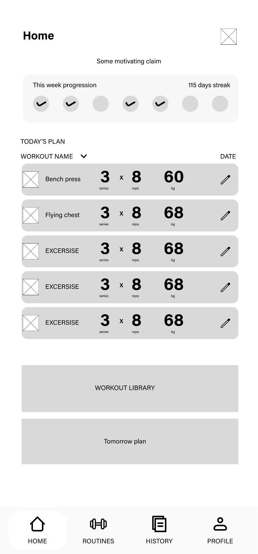 Low-fidelity wireframe of the Chalk home screen with today's workout list and weekly progression