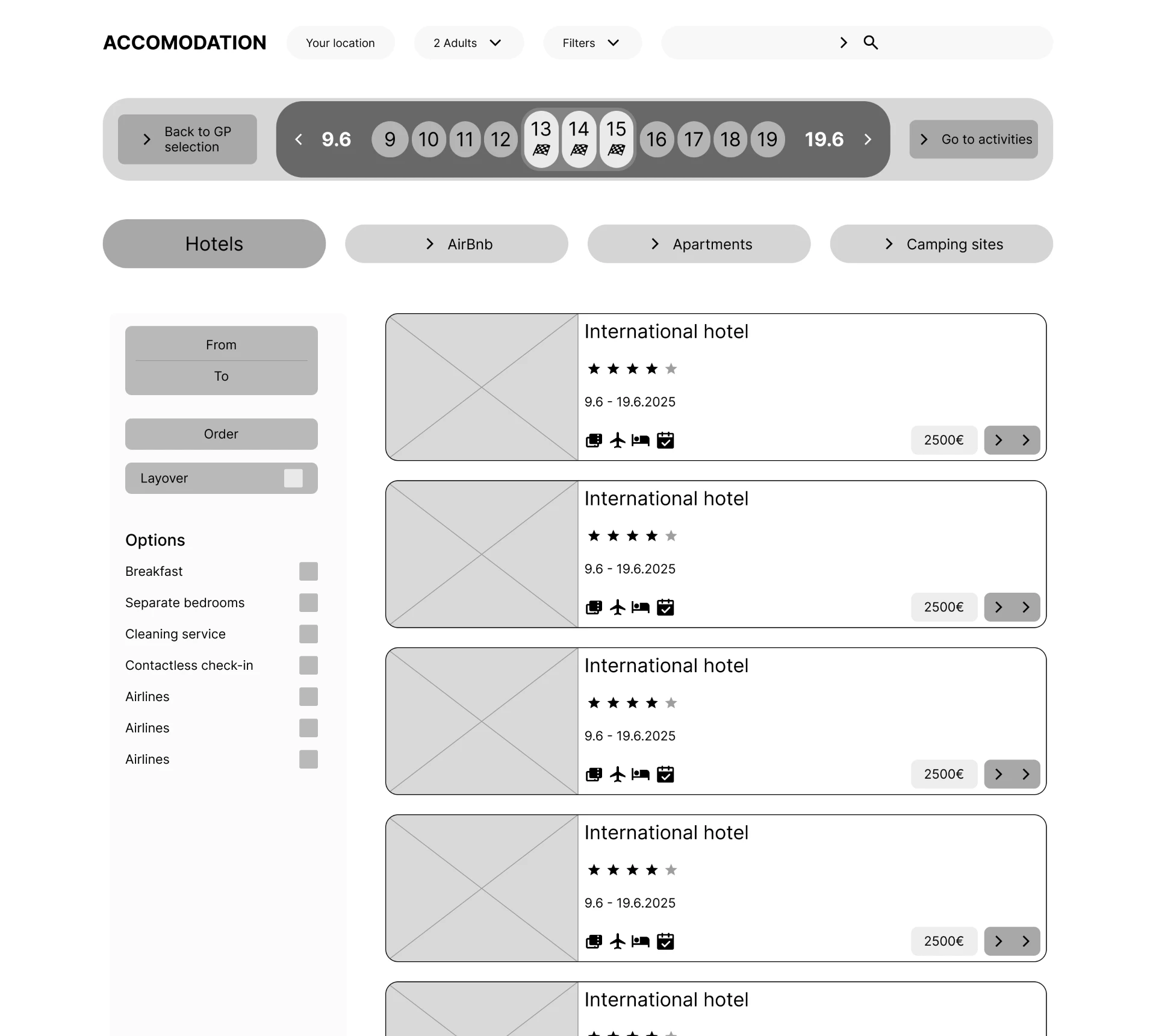 High-fidelity wireframe of the accommodation step with hotel result cards