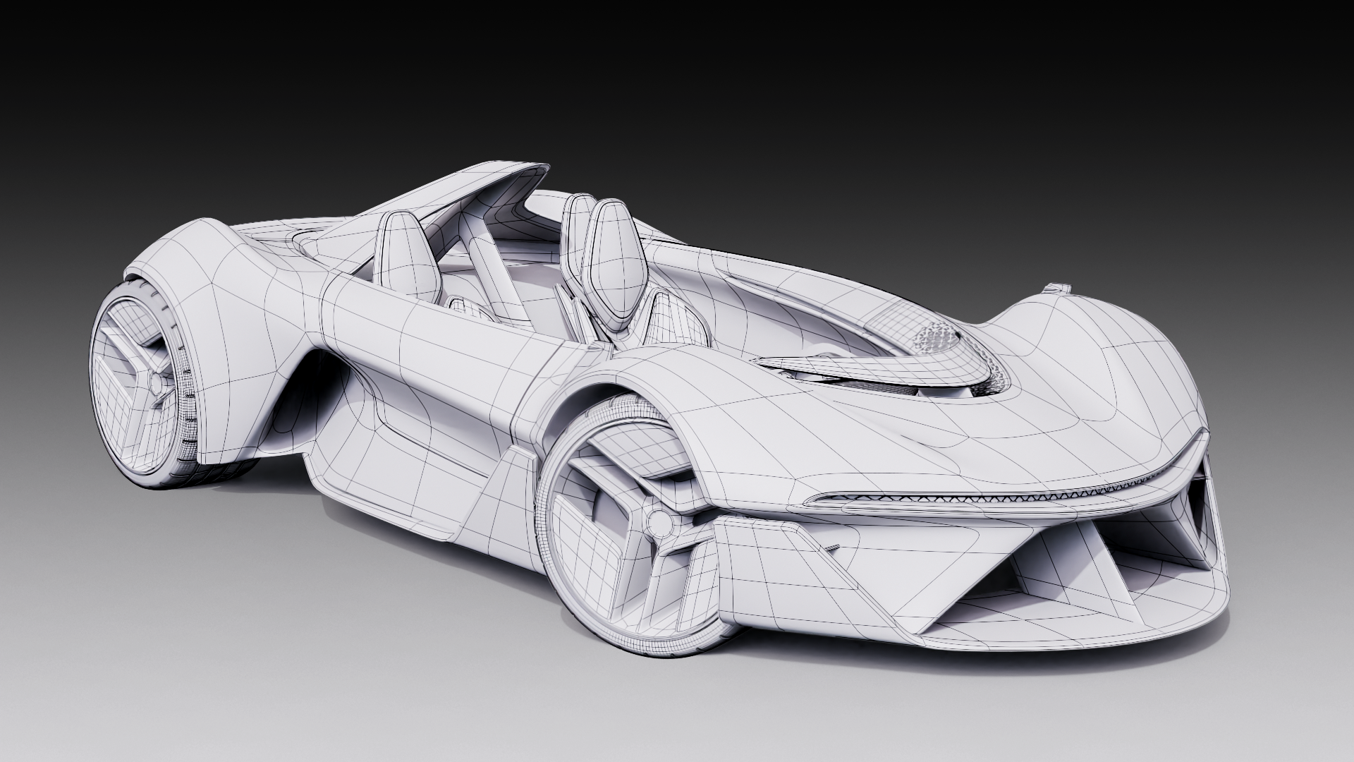 Wireframe topology render of the TRINITA speedster showing clean polygonal edge flow