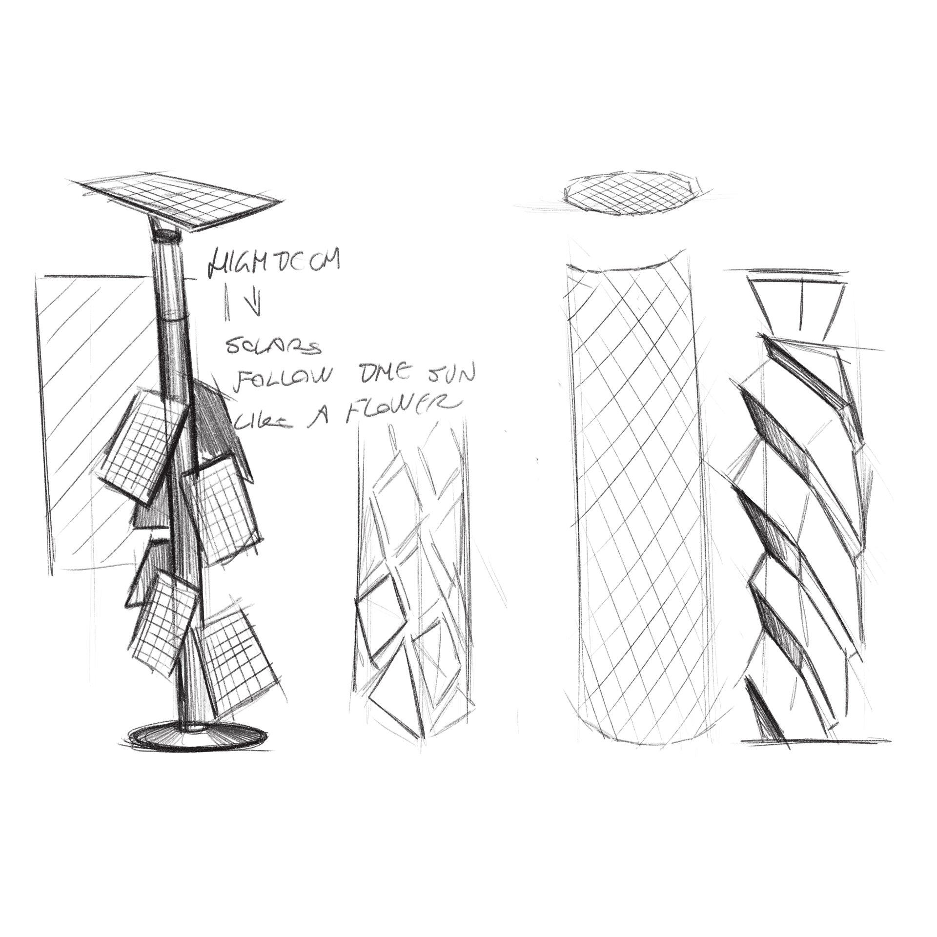 Concept sketch — sun-following solar panel arrangement studies