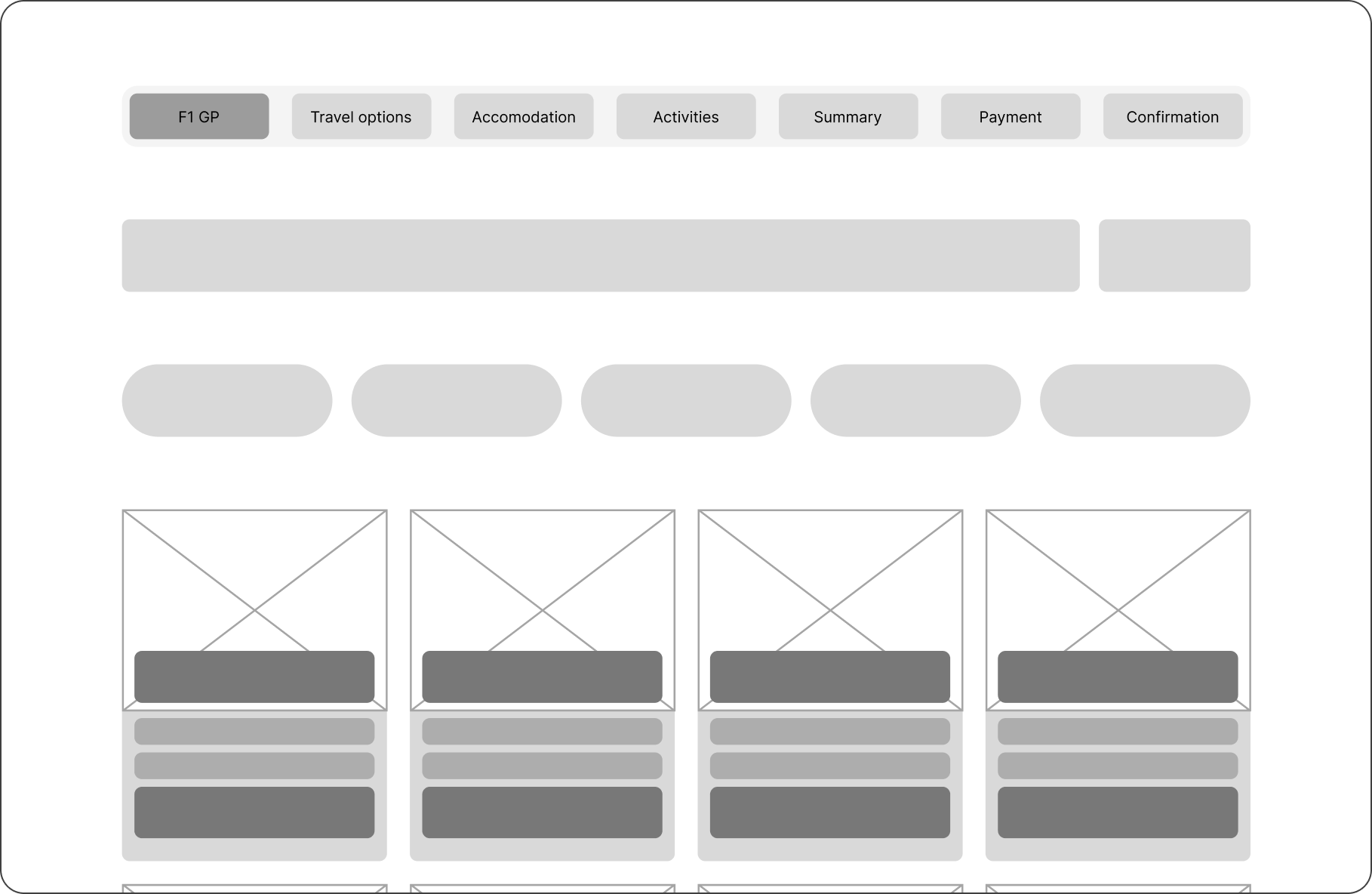 Low-fidelity wireframe of the Grand Prix selection grid with filters and race cards