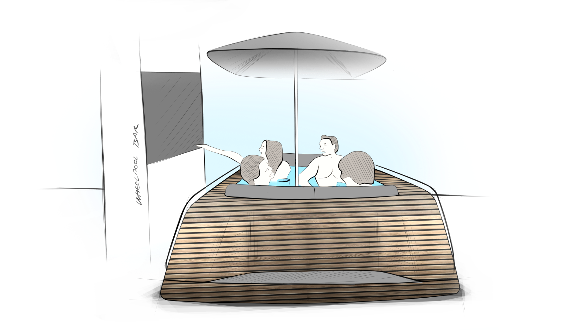 Guests ordering drinks from a street-side bar while in the pool