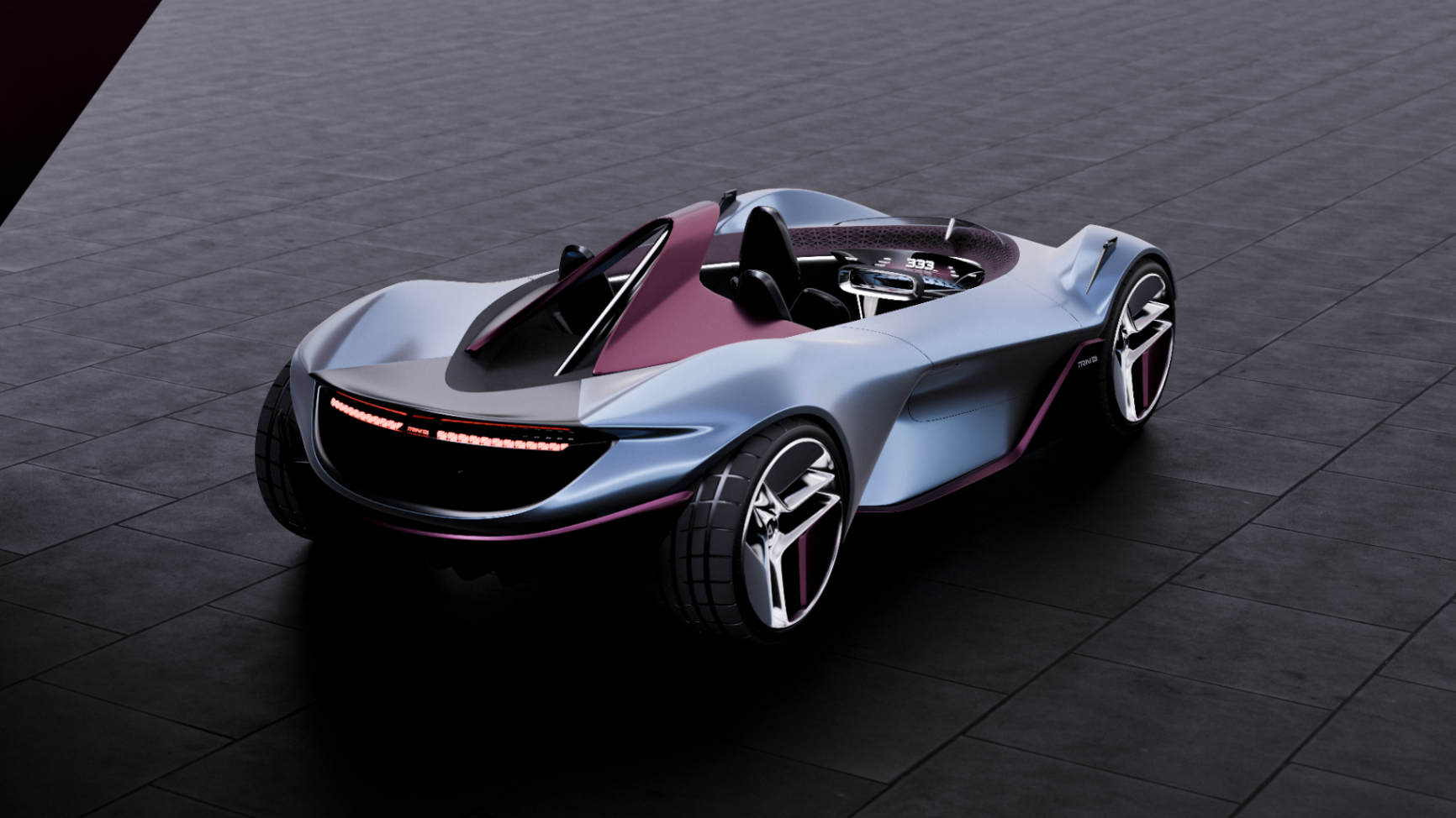 Rear view of TRINITA showing the lightbar and roll hoop geometry