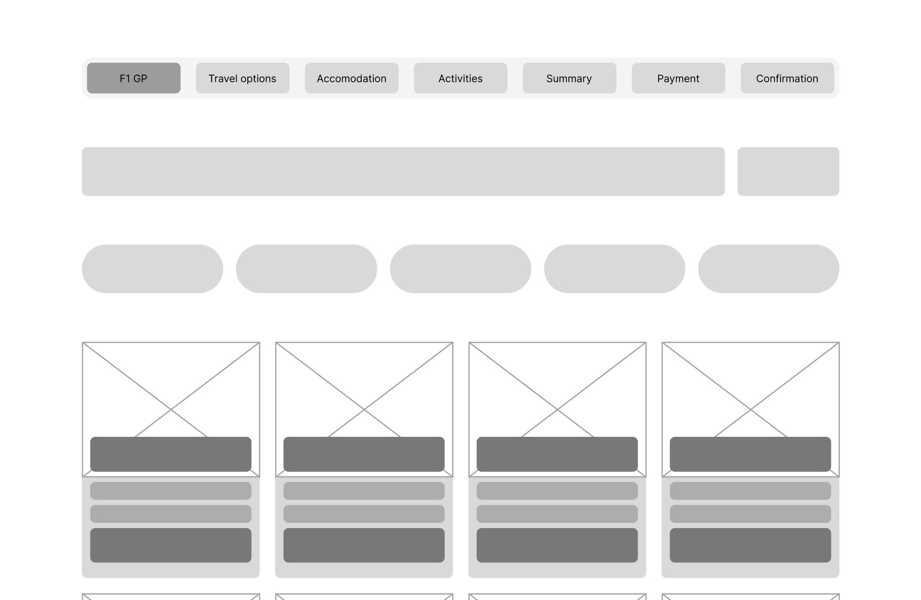 Low-fidelity wireframe of the Grand Prix selection grid with filters and race cards