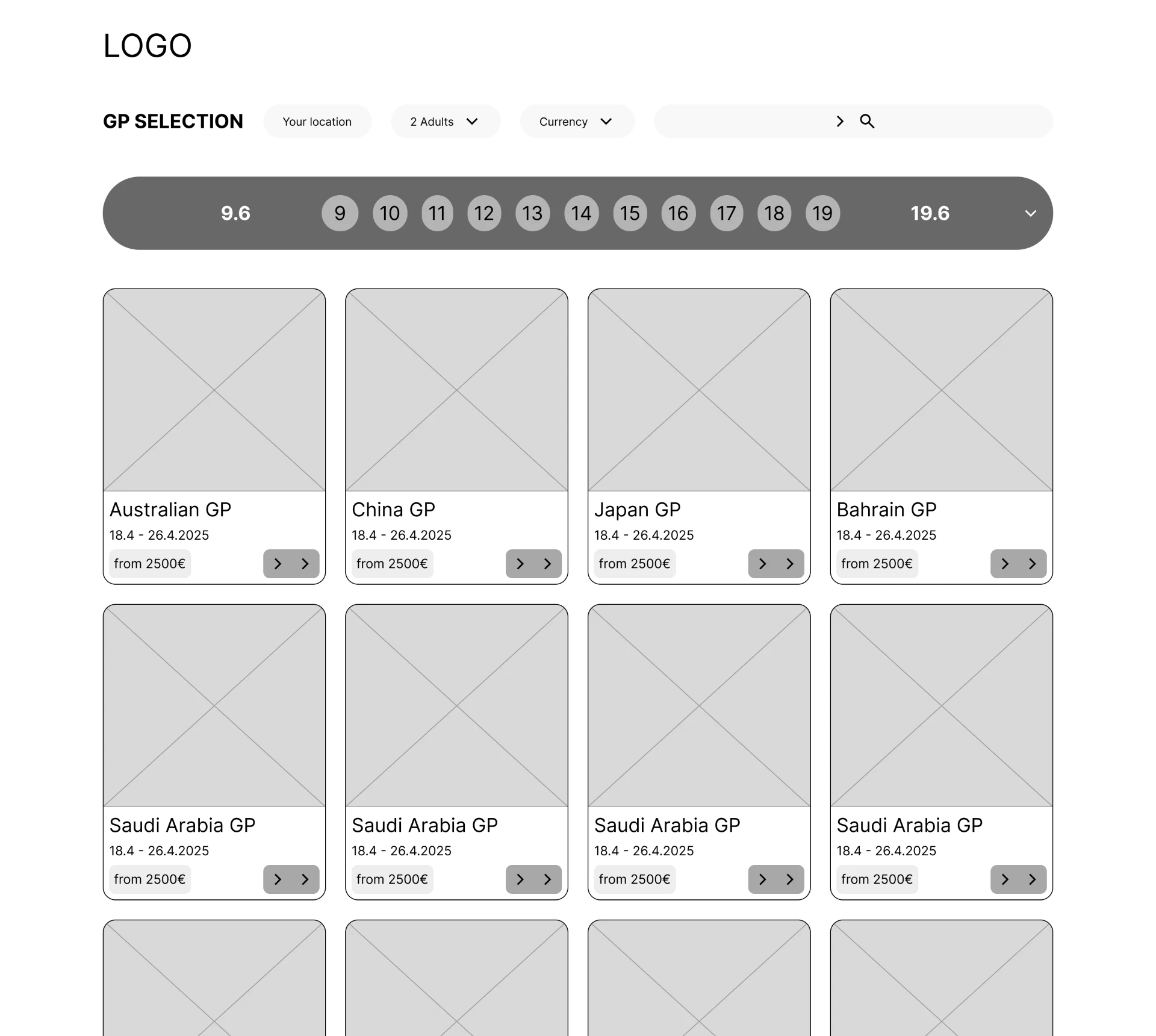 High-fidelity wireframe of the Grand Prix selection grid with date scrubber
