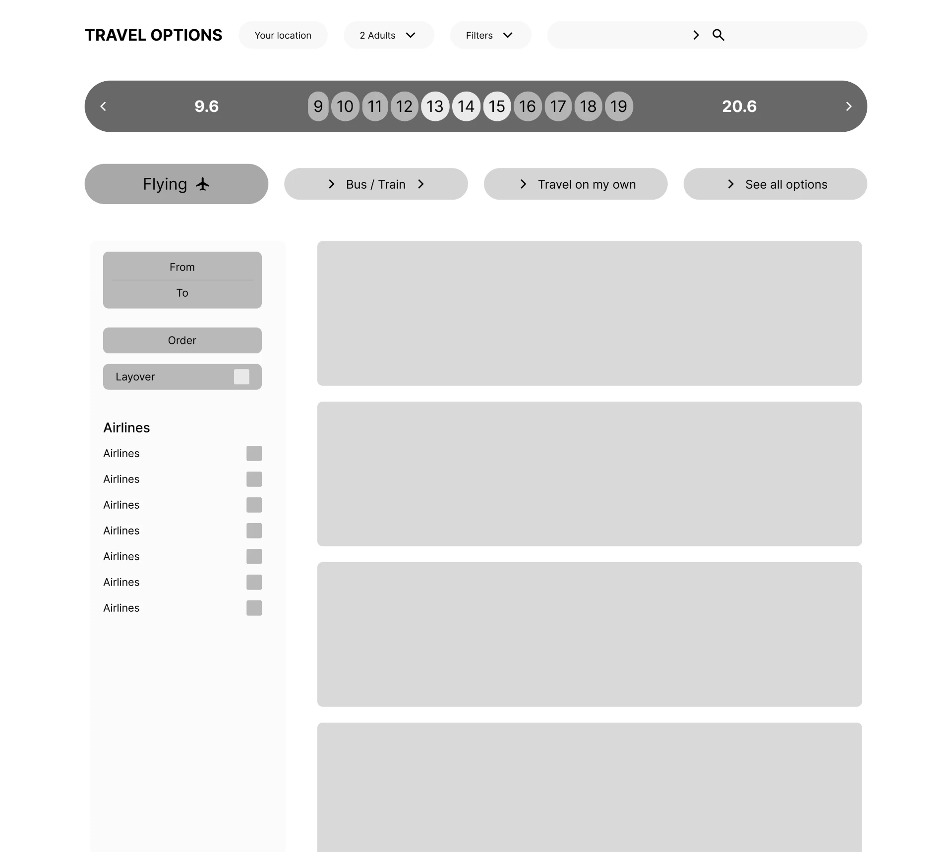 High-fidelity wireframe of the travel options step with transport tabs and filters