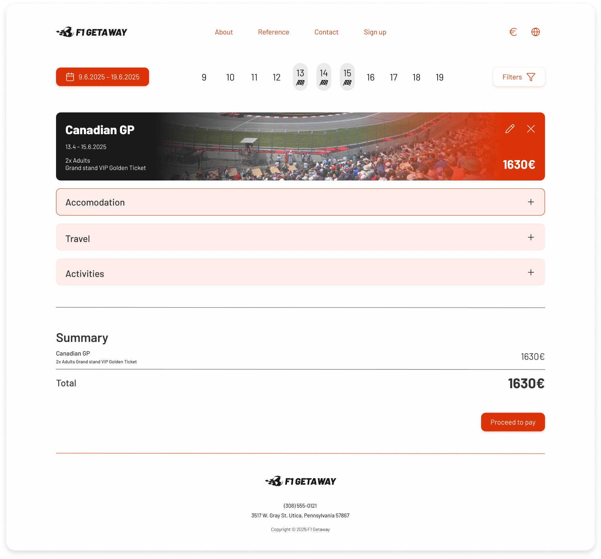 Final itinerary summary screen with module stack and total price checkout