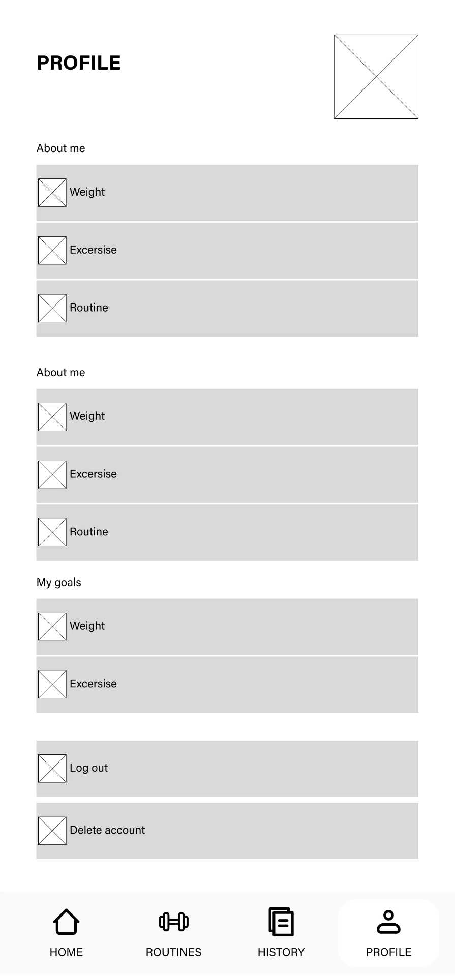 Low-fidelity wireframe of the Chalk profile screen with biometry and account settings