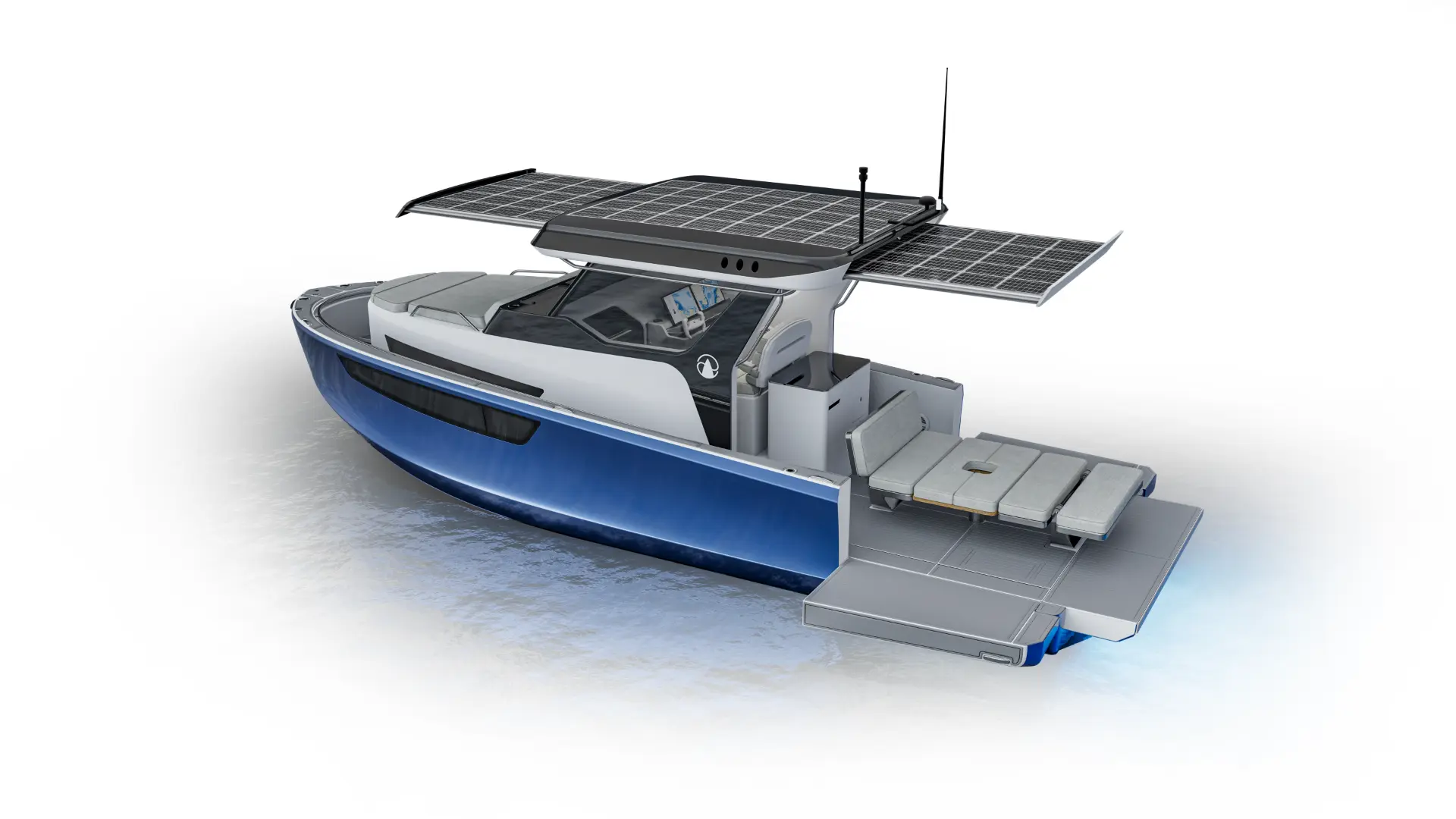 R30 electric boat with extendable solar canopy and rear lounge platform