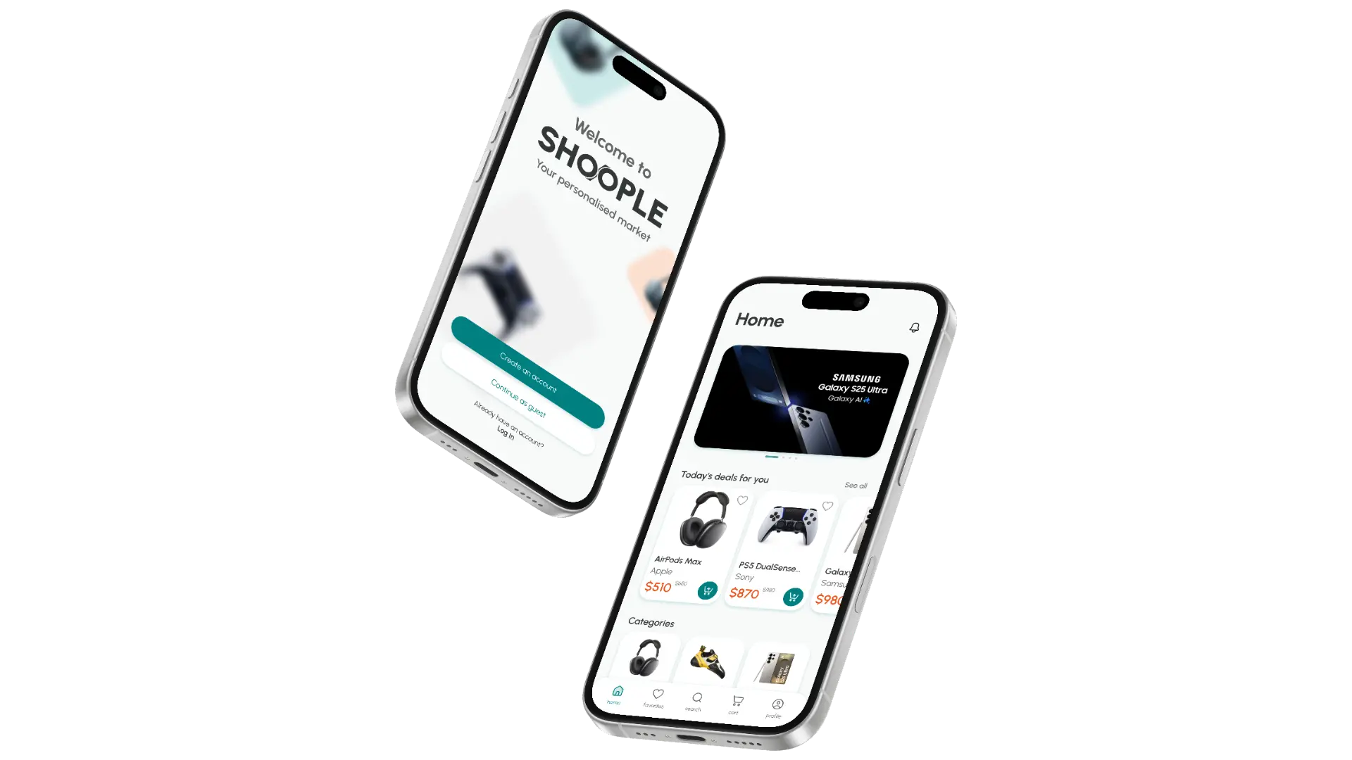 Two iPhone mockups showing the SHOOPLE welcome screen and personalised home feed