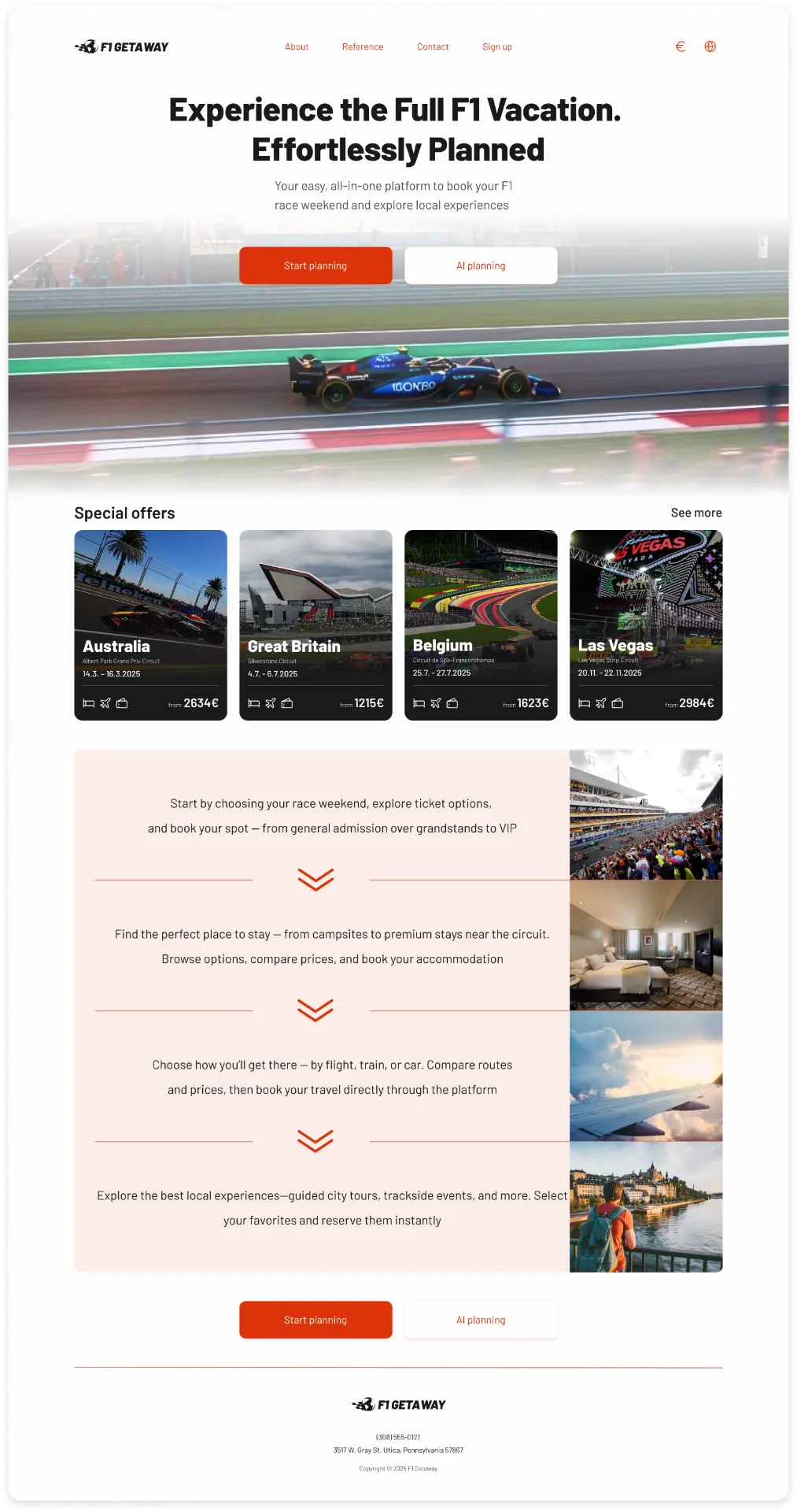 Final F1 Getaway landing page with dual planning CTAs and special offer cards