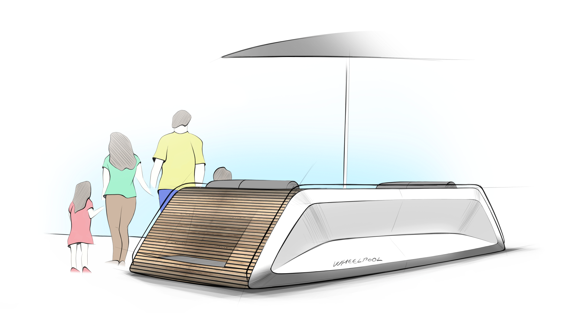 Family leaving the Whirlpool Yacht with the cover closed