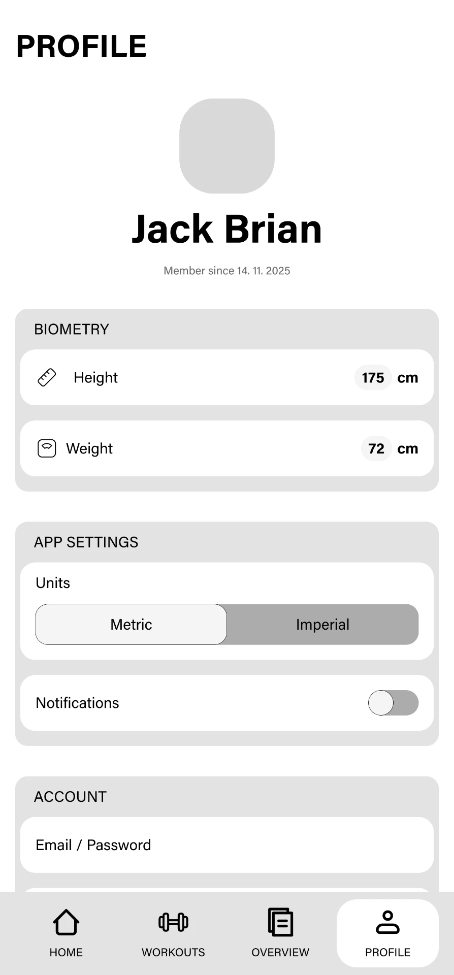 High-fidelity wireframe of the Chalk profile screen with biometry and account settings