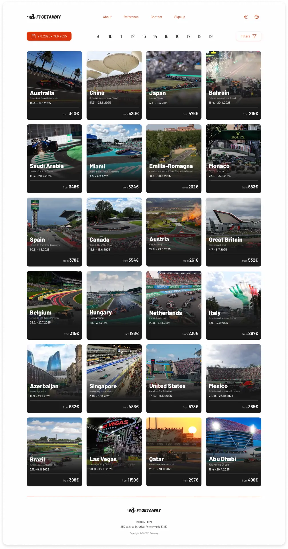 Final Grand Prix destination grid with date strip and starting prices