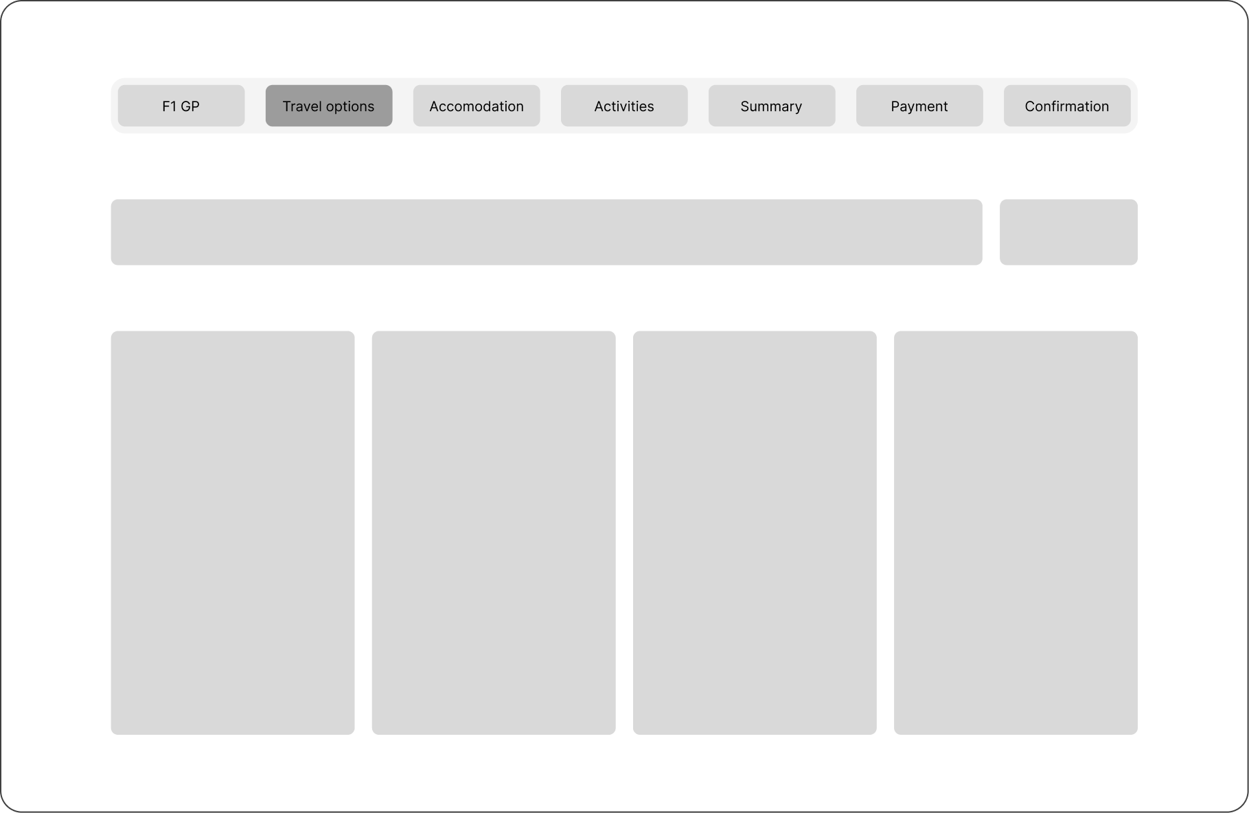 Low-fidelity wireframe of the travel options step with four transport cards